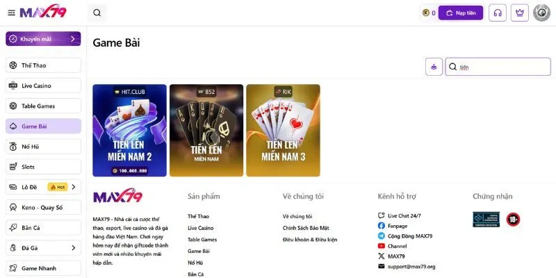 Tiến lên miền Nam có mặt tại sảnh Game bài của nhà cái Max79