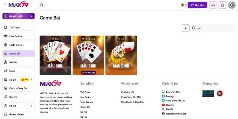 Nhà cái Max79 hợp tác với nhiều cổng game cung cấp game bài Mậu Binh chất lượng