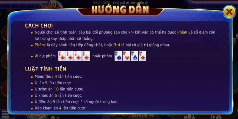 Luật chơi Phỏm được hiển thị rõ ràng và chi tiết để người chơi tìm hiểu