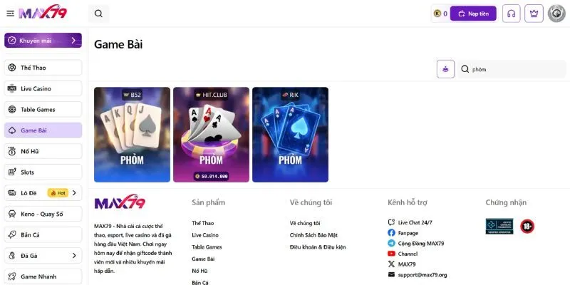 Nhà cái Max79 hội tụ nhiều nhà cung cấp game bài Phỏm chất lượng