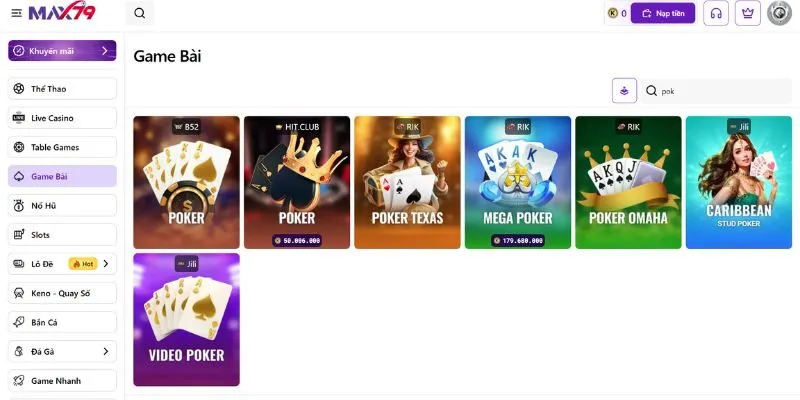 Sảnh game bài Max79 quy tụ đa dạng các thể loại Poker để trải nghiệm